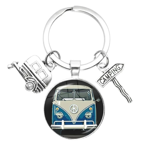 None Accessories - Keychain Retro Van Blue Volkswagen Bus Peace Sign